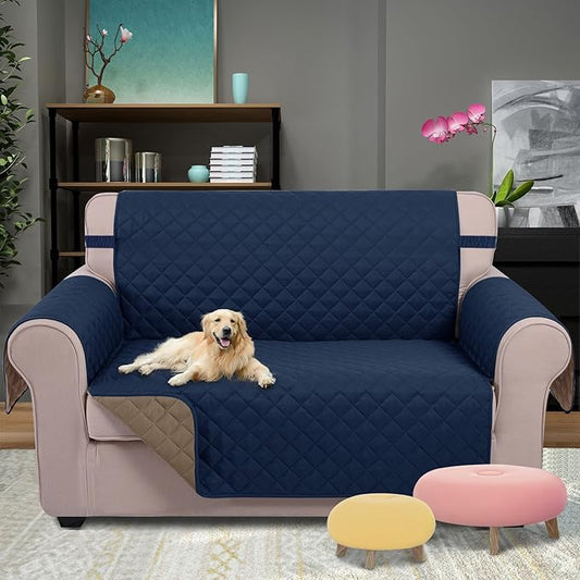 U-NICE HOME Loveseat Sofa Cover Reversible Couch Covers for 2 Cushion Couch for Dogs Furniture Protector Cover with Elastic Straps Water Resistant(Loveseat Small, Navy/Taupe)