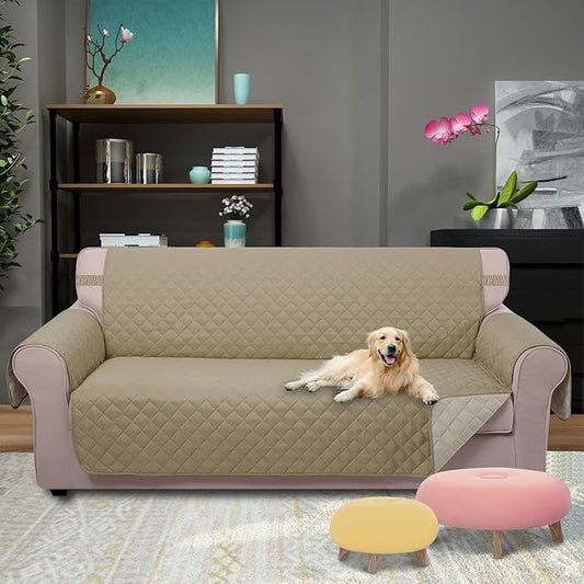 U-NICE HOME 4 Seater Sofa Cover 91 Inch Large Couch Covers for 4 Cushion Couch with Elastic Straps Water Resistant Furniture Protector Cover for Pets Cat (Sofa XX-Large, Light Camel/Beige)