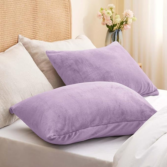 BEDELITE Flannel Pillowcases Standard Set of 2, Super Soft Fleece Pillow Case Cover with Zipper for Bedroom, Sofa, Couch,Luxury Cozy Fuzzy Velvet Pillow Shams for All Seasons(20x26 Inches, Lavender)