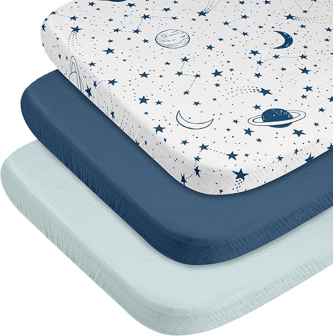 Gllquen Baby Muslin Mini Crib Sheets 3 Pack, Breathable Pack and Play Sheets Fitted Soft Cozy Cotton Pack N Play Sheets for Baby Boy Girls, Universal Fitted Mini Crib Mattresses 38"x26" (Blue)