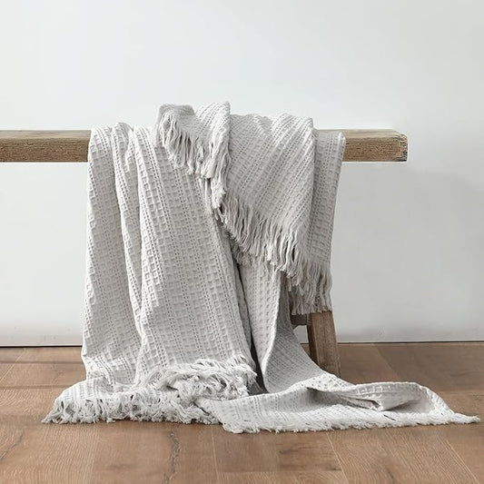 100% Cotton Waffle Blanket with Fringe, Pre-Washed Waffle Weave Blanket for All Season, Lightweight Breathable Soft Cozy Throw Blanket for Couch, Bed, Travel (Light Grey - 50x60 Inches)