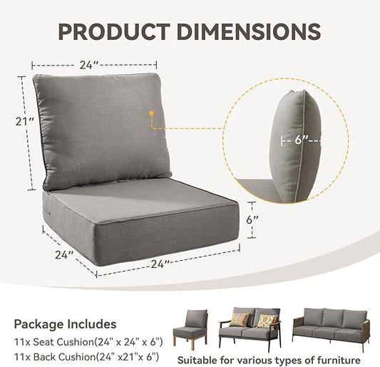 Outdoor Cushion Set for Furniture Patio Furniture, UV Resistant, Water Resistant - 6 Inch Thick Foam Garden Cushions– 24x24 Inch Patio Seat Covers for Chair/Sofa/Couch | Grey | 11-Pack |