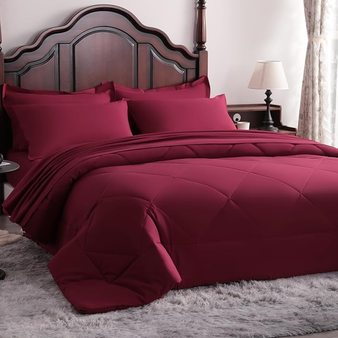 NTBAY Queen Comforter Set with Sheets, 7 Pieces Soft and Breathable Queen Bedding Set, Bed in a Bag, Down Alternative Comforter Set Solid Color All Season, Queen Bedding Set, Wine Red
