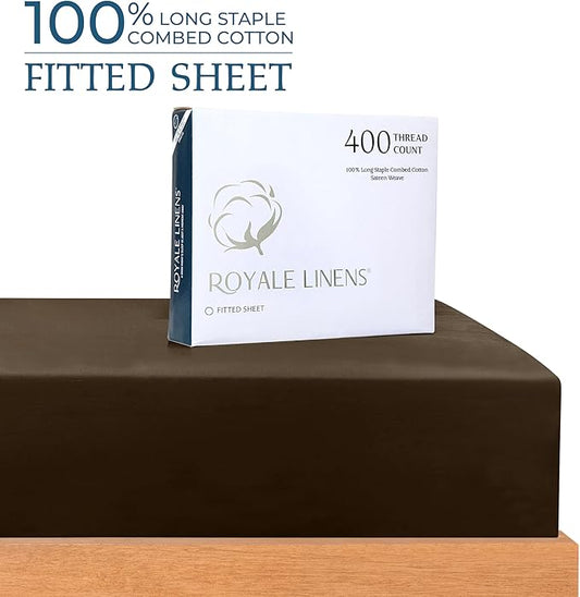 Royale Linens 400 Thread Count 100% American Grown Cotton Fitted Sheet Twin Size - All Around Elastic Fitted Sheet - Luxury Sateen Weave - Snug Fit Bottom Sheet Fit Up to 16 Inch (Twin, Hazel Nut)
