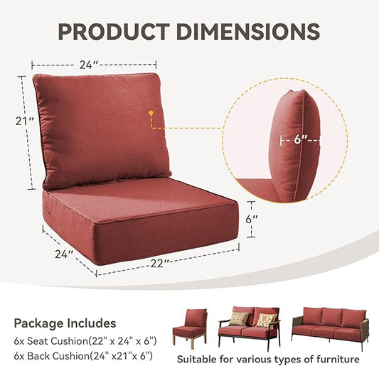 Outdoor Cushion Set for Furniture Patio Furniture, UV Resistant, Water Resistant - 6 Inch Thick Foam Garden Cushions– 22x24 Inch Patio Seat Covers for Chair/Sofa/Couch | Red | 6-Pack |