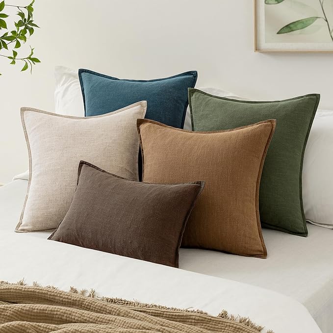 EMEMA Decorative Linen Throw Pillow Covers 20x20 Inch Dark Olive Green Boho Farmhouse Neutral Couch Throw Pillows for Bed Pack of 2 Accent Pillowcase Modern Sofa Cushion Livingroom Home