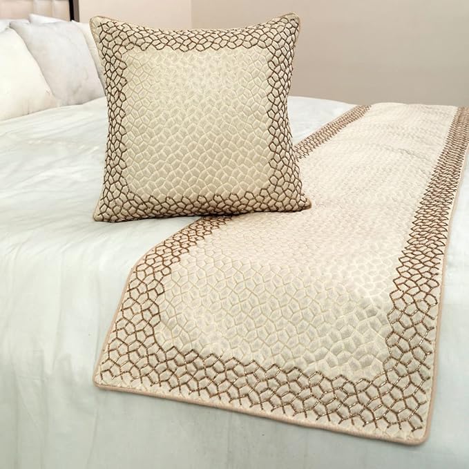The HomeCentric King/Queen/Twin Ivory & Gold Decorative Twin 53"x18" Bed Runner with Pillow Cover, Mosaic & Beaded Bed Scarf on Jacquard Fabric - Tessellation
