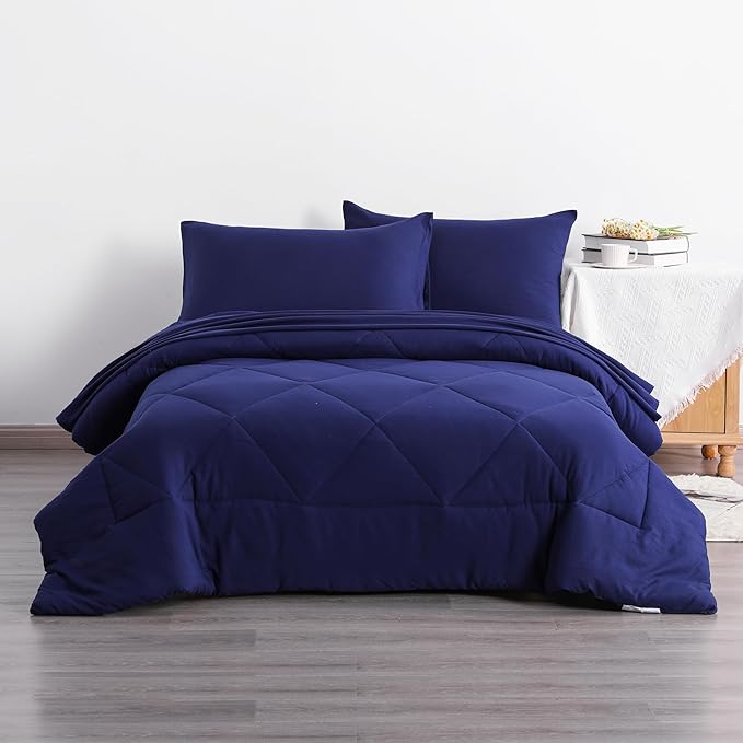 NTBAY Twin Comforter Set with Sheets, 5 Pieces Soft and Breathable Bedding Set, Bed in a Bag, Down Alternative Comforter Set Solid Color All Season, Kids Bedding Set, Navy Blue
