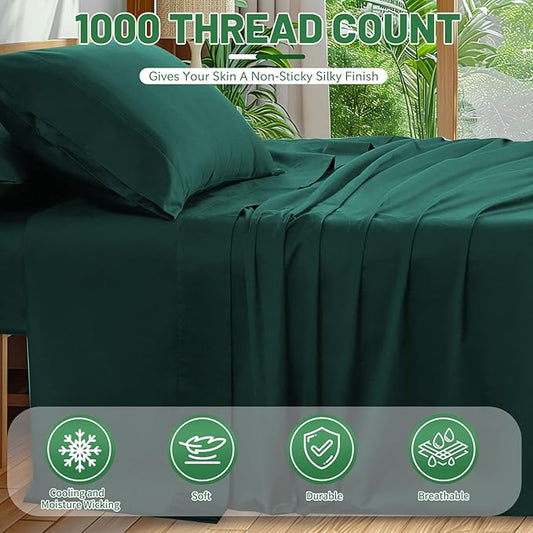 100% Egyptian Cotton Sheets Cal King Sheet Set 1000 Thread Count Sateen Weave Soft Breathable 16-Inch Deep Pocket 4PCS(California King,Dark Green)