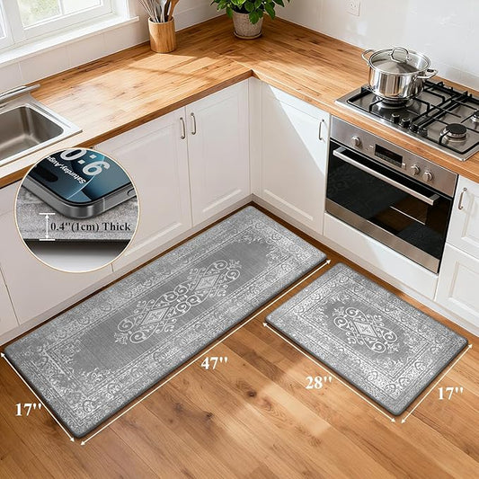 Ileading Anti Fatigue Kitchen Rugs Sets of 2 Cushioned Kitchen Mats for Floor Waterproof Kitchen Mat Set Non Slip Comfort Standing Mat for Kitchen, Office, Sink, Laundry