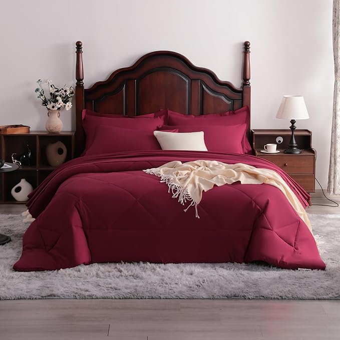 7-Piece Queen Comforter Set with Sheets – Soft and Breathable All-Season Queen Bed in a Bag, Down Alternative Comforter Set Solid Color All Season, Red