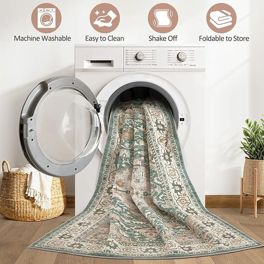 12x15 Area Rug Living Room: Machine Washable Boho Large Vintage Soft Rugs Stain Resistant Farmhouse Oriental Non Slip Indoor Floor Carpet for Bedroom Nursery Kids Playroom Office Dining Room- Green