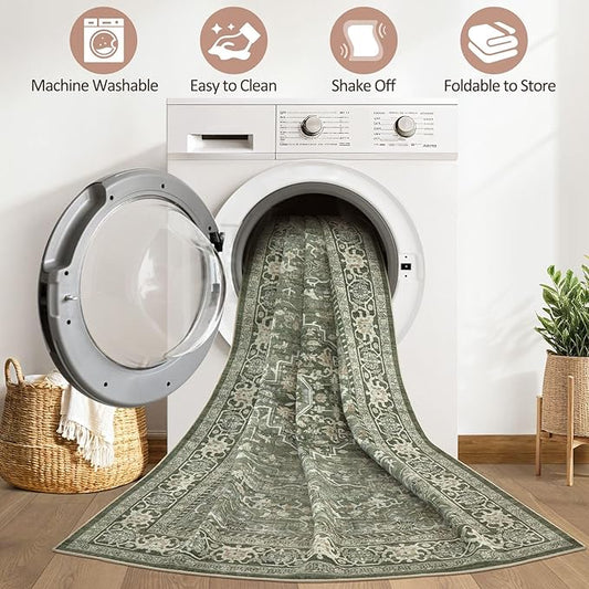 10x14 Area Rugs Living Room: Washable Boho Large Neutral Vintage Soft Rug Stain Resistant Farmhouse Non Slip Indoor Floor Carpet for Bedroom Nursery Kids Playroom Office Dining Room- Dark Green