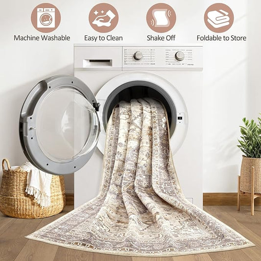 10x14Ft Area Rugs Living Room: Washable Boho Large Neutral Vintage Soft Rug Stain Resistant Farmhouse Non Slip Indoor Floor Carpet for Bedroom Nursery Kids Playroom Office Dining Room- Beige Brown