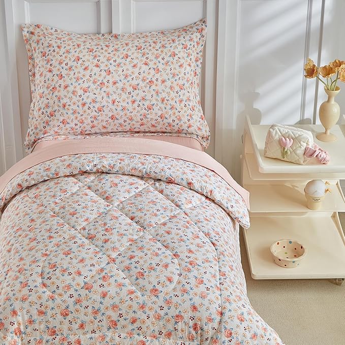 DuShow Toddler Bedding Set for Girls,4 Pieces Floral Toddler Girl Comforter Set,Super Soft Reversible Toddler Sheet Set,Lightweight Crib Bed Set -Pink