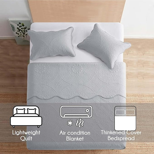 IR Imperial Rooms King Quilt Bedding Set Size (106" x 96") + 2 Pillow Shams (20" x 36"+ 2") - 3 Pcs All Season Lightweight Reversible Microfiber Coverlet Floral Embossed Quilt Bedspread (Silver)