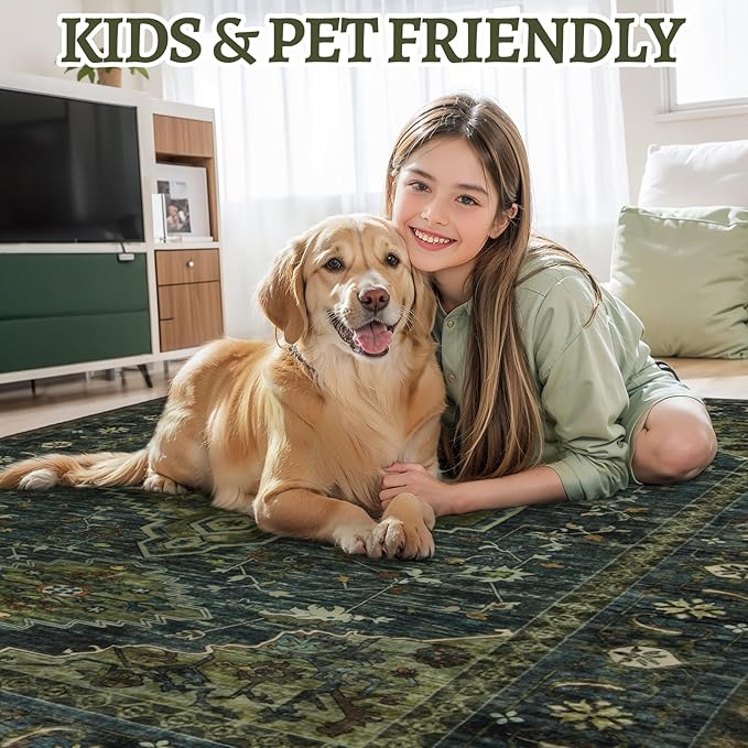 2x4 Washable Kitchen Rug Oriental Non Slip Small Rug for Entryway Vintage Front Door Mat Indoor Entrance, Print Throw Rugs Olive Green, Soft Low Pile Rugs Small Carpet for Entry Bedroom Bathroom