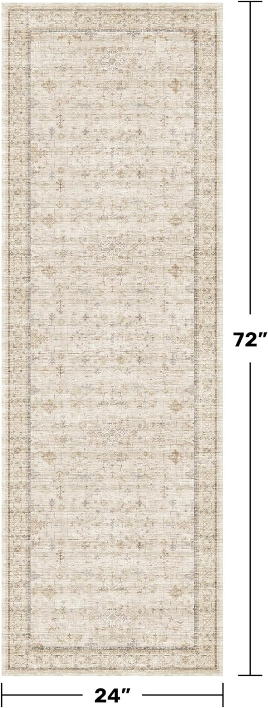 2x6 Long Beige Farmhouse Kitchen Runner Rug Washable Non Slip Carpet for Bathroom, Entryway, Soft Low Pile Floral Vintage Rugs for Bedroom, Bedside, Hallway