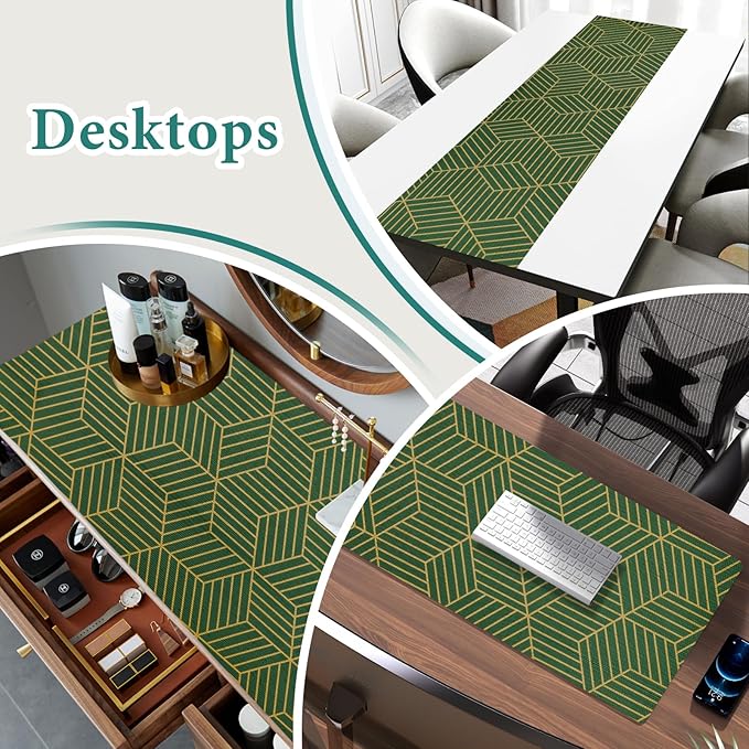 Shelf Liners for Kitchen Cabinets 17.5in x 30FT, Non Adhesive Cabinet Liner Strong Non-Slip Thickened Gold Green Geometric Drawer Liner, Easy to Clean for Shelf, Cabinet with Knife and Tape Measure