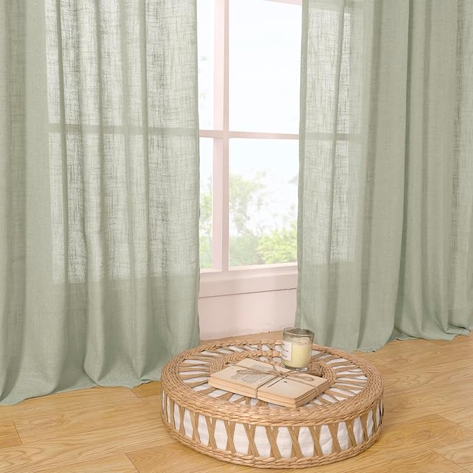 LAMIT Sage Grey Semi Sheer Linen Curtains 45 Inches Long 2 Panels, Light Filtering Panels Back Tab and Rod Pocket Neutral Drapes for Kitchen/Window/Bedroom, 52 x 45 Inch