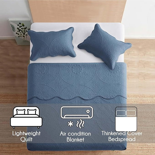 IR Imperial Rooms King Quilt Bedding Set Size (106" x 96") + 2 Pillow Shams (20" x 36"+ 2") - 3 Pcs All Season Lightweight Reversible Microfiber Coverlet Floral Embossed Quilt Bedspread (Light Blue)