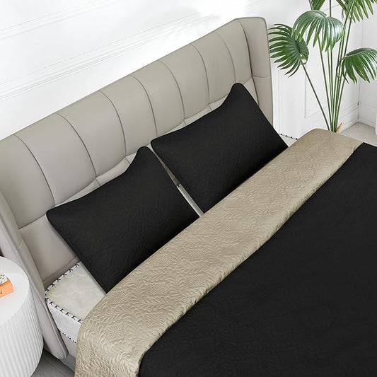 Easy-Going Twin Size Reversible Quilt Set with 1 Quilt and 1 Pillow Sham, Soft Bed Quilt Cover, Water Resistant Lightweight Microfiber Bedspread, Stain Resistant, Olive Leaf-Black/Beige