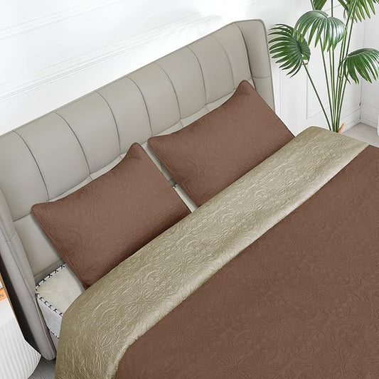 Easy-Going King Size Reversible Quilt Set with 1 Quilt and 2 Pillow Shams, Soft Bed Quilt Cover, Water Resistant Lightweight Microfiber Bedspread, Stain Resistant, Damask-Brown/Beige