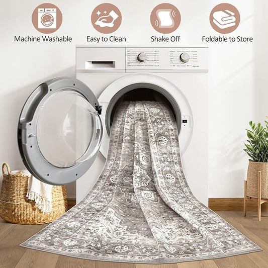 10x14 Area Rugs Living Room: Washable Boho Large Neutral Vintage Soft Rug Stain Resistant Farmhouse Non-Slip Indoor Rustic Floor Carpet for Bedroom Nursery Kids Playroom Office Dining Room- Dark Brown