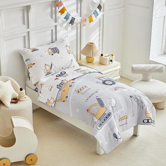 JHXHMX 4 Pieces Toddler Bedding Set for Boys,Excavator Cars Truck Pattern Toddler Comforter Set,Soft Crib Bed Set Including Comforter,Sheets and Pillowcase-Gray