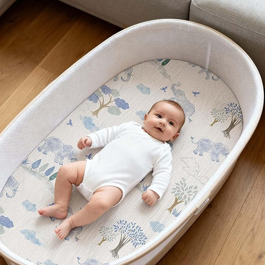 Gllquen Baby Muslin Bassinet Sheets 3 Pack, Breathable Elastic Cozy Fitted Cotton Bassinet Mattress Sheet for Baby Boy Girls, Fit for Hourglass Oval Rectangular Cradle Pad Sheets 33"x17" (Light Blue)