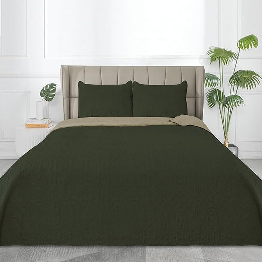 Easy-Going Twin Size Reversible Quilt Set with 1 Quilt and 1 Pillow Sham, Soft Bed Quilt Cover, Water Resistant Lightweight Microfiber Bedspread, Stain Resistant, Damask-Army Green/Beige
