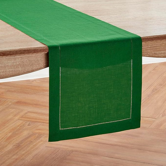 Solino Home Linen Garden Green Table Runner 144 Inches Long - 100% Pure Linen Extra Long Table Runner 14 x 144 Inch for Christmas, Winter, New Year - Classic Hemstitch
