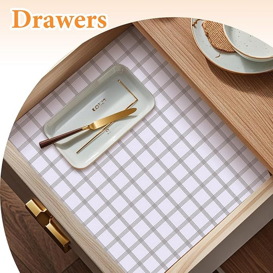 Shelf Liner for Kitchen Cabinets Non Adhesive Drawer Liner Non-Slip Thickened Shelf Liner Paper Strong Easy to Clean for Tool Box Refrigerator with Knife and Tape Measure, White Square,23.6 x 354.3 IN