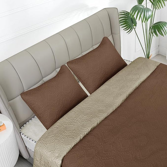 Easy-Going Full/Queen Size Reversible Quilt Set with 1 Quilt and 2 Pillow Shams, Soft Bed Quilt Cover, Water Resistant Lightweight Microfiber Bedspread, Stain Resistant, Olive Leaf-Brown/Beige