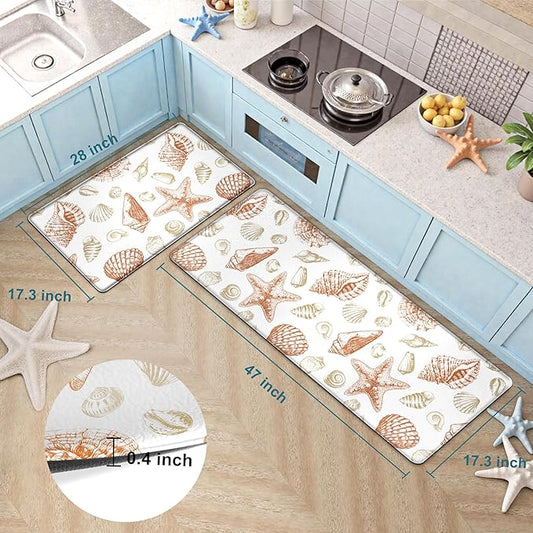 Kitchen Mats for Floor Cushioned Anti Fatigue Sets of 2 Beach Theme Kitchen Rugs Non Slip Waterproof Coastal Foam Kitchen Floor Rug Nautical Seashell Comfort Standing Mat For Sink Laundry, Coral