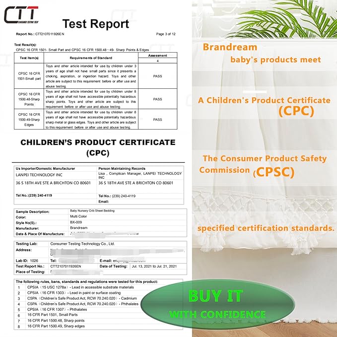 Brandream Boho Bohemian Girl Boy Baby Nursery Crib Bed Skirt Dust Ruffle - Neutral Solid Color Cream Off White Farmhouse Chic 100% Washed Cotton Minimalist Tassel Fringe Macrame