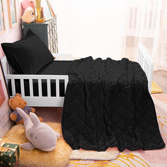 4-Piece Toddler Bedding Set for Girls and Boys – Soft and Breathable Crib Bedding with Quilted Comforter, Fitted Sheet, Flat Top Sheet and Envelope Pillowcase, Black