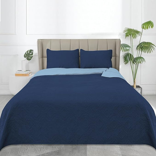 Easy-Going King Size Reversible Quilt Set with 1 Quilt and 2 Pillow Shams, Soft Bed Quilt Cover, Water Resistant Lightweight Microfiber Bedspread, Stain Resistant, Olive Leaf-Dark Blue/Light Blue