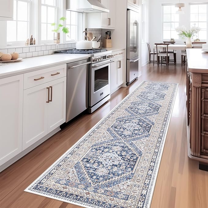 zesthome Washable Runner Rug 2.5x14 - Stain Resistant Entryway Rug,Ultra-Thin Kitchen Rugs, Anti Slip Backing Runner Rugs for Entrance Laundry Room Indoor Hallway (Blue/Beige,2.5'x14')