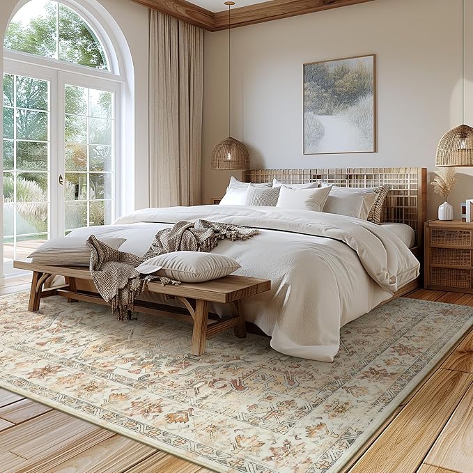 zesthome 9x12 Area Rugs-Washable Rug for Living Room, Non-Slip Backing Rugs, Stain Resistant Rug for Bedroom, Ultra-Thin Low Pile Rugs, Vintage Large Home Decor