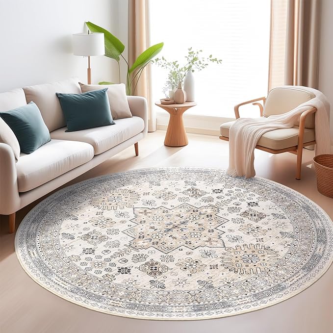 zesthome 9ft Round Rugs for Living Room, Non-Slip Washable Round Area Rugs, Ultra-Thin Large Circle Rugs, Soft Low Pile Rug for Bedroom, Kitchen - Vintage Stain Resistant Round Rug (Beige,9'x9')