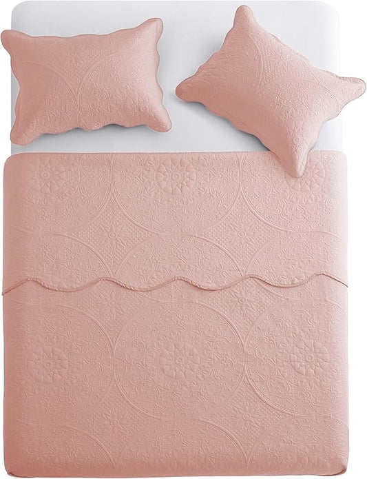 IR Imperial Rooms King Quilt Bedding Set Size (106" x 96") + 2 Pillow Shams (20" x 36"+ 2") - 3 Pcs All Season Lightweight Reversible Microfiber Coverlet Floral Embossed Quilt Bedspread (Baby Pink)