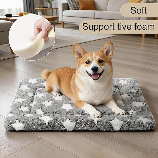 Dog Crate Mat, 4 Piece Reversible Pet Bed, Polyester, Machine Washable, Small Dogs & Cats, Rectangular, 24 x 18 x 1.3 Inches (Gray Star, 24" L x 18" W x 1.5" Th)