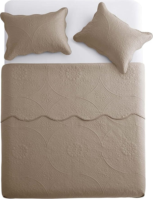 IR Imperial Rooms King Quilt Bedding Set Size (106" x 96") + 2 Pillow Shams (20" x 36"+ 2") - 3 Pcs All Season Lightweight Reversible Microfiber Coverlet Floral Embossed Quilt Bedspread (Beige)