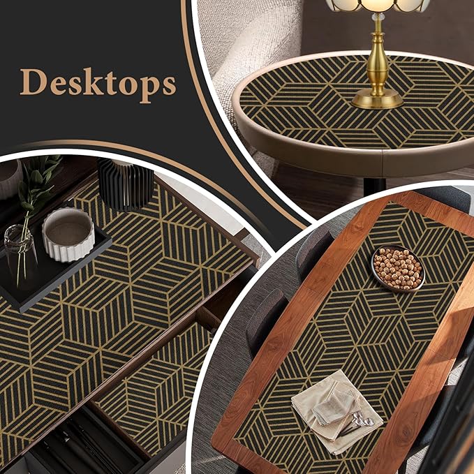 Shelf Liners for Kitchen Cabinets 17in x 20FT, Non Adhesive Cabinet Liner Strong Non-Slip Black Gold Geometric Drawer Liner, Easy to Clean for Shelf, Cabinet with Knife and Tape Measure