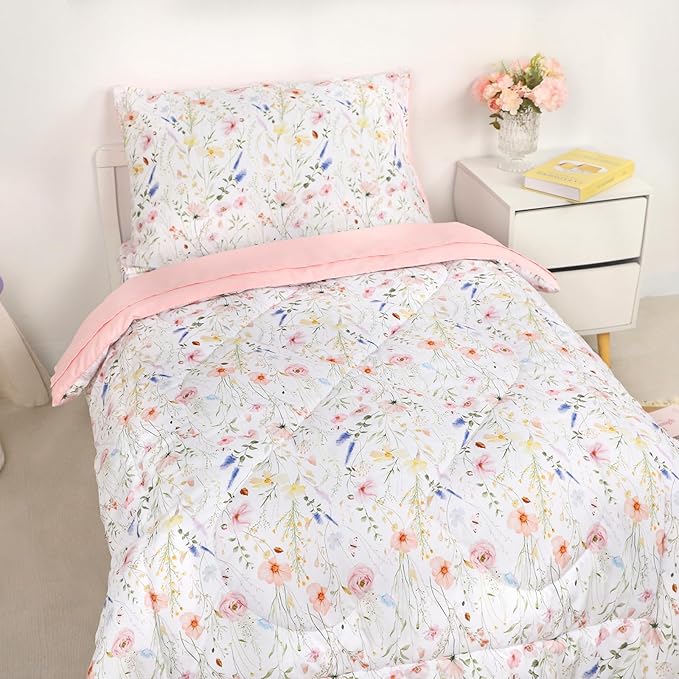Toddler Bedding Set for Girls, 4 Piece Floral Toddler Comforter Set, Ultra Soft Baby Girl Crib Bed Bedding Includes Quilted Comforter, Flat Sheet, Fitted Sheet, Pillowcases, Pink Flower