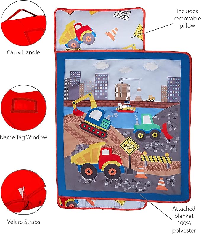 EVERYDAY KIDS Toddler Nap Mat with Removable Pillow -Under Construction- Carry Handle with Fastening Straps Closure, Rollup Design, Soft Microfiber for Preschool, Daycare, Sleeping Bag -Ages 2-6 years