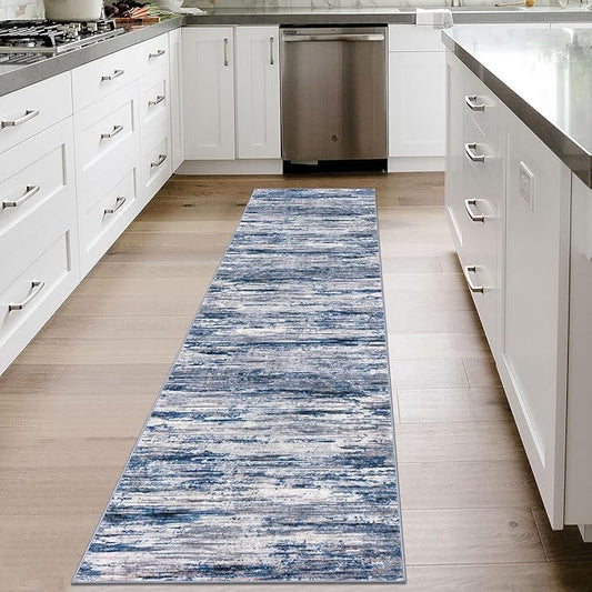 2x8 Modern Abstract Runner Rug for Hallways, Navy Blue Gray Neutral Multi Super Soft Hallway Decor Kitchen Rugs with Non-Slip, Non-Shedding Washable Rug for Entryway Bedroom Indoor