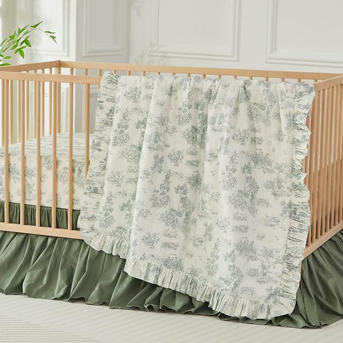 Brandream Crib Bed Skirt for Baby Girls Boys Gray Boho Bohemian Neutral Solid Cotton Toddler Bedskirt Farmhouse Chic Ruffle, Vintage Green