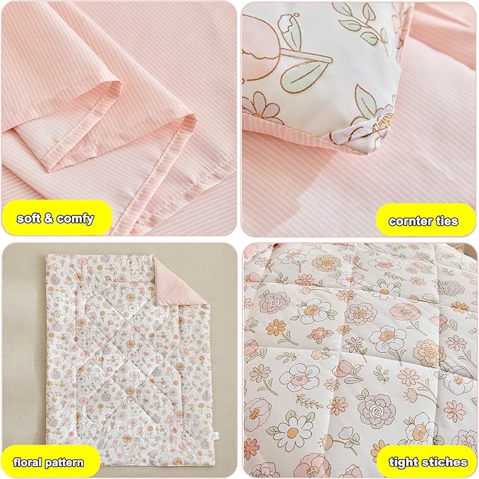 DuShow Floral 4 Piece Girls Toddler Bed Comforter Set Pink Flower Reversible Toddler Bedding Set Soft Baby Crib Bed Sheets Set in a Bag | Include Quilt Comforter,Flat Sheet,Fitted Sheet,Pillowcase